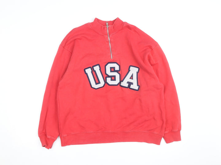 ZARA Men Red 1/2 Zip USA Logo Sweatshirt Size L