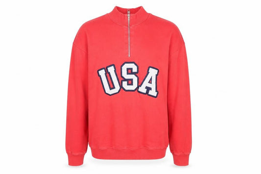 Front view of Zara Men Red 1/2 Zip USA Logo Sweatshirt, size L