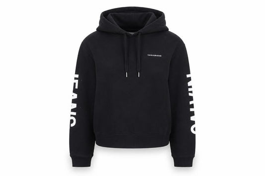 Front view of Calvin Klein Jeans Women's Black L Pullover Hoodie with Logo Print