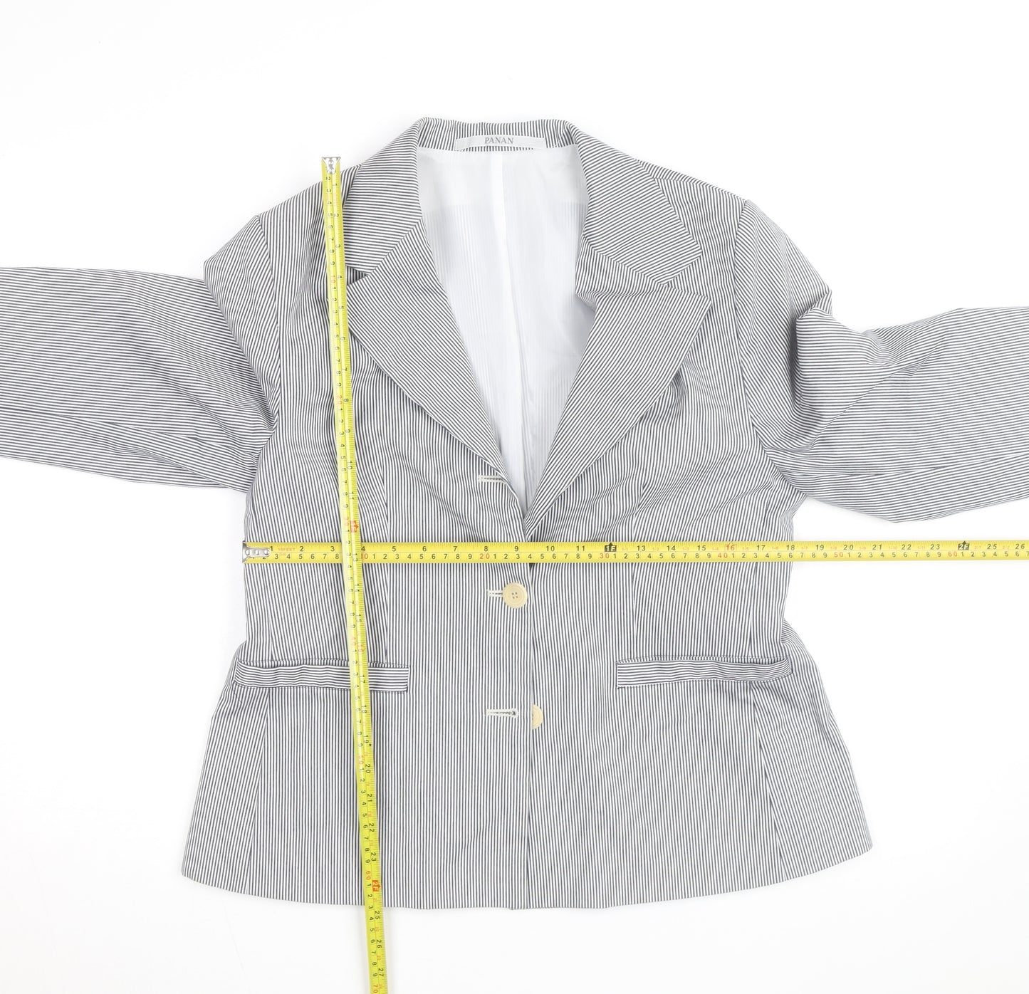 PANAN Women's Grey Striped Cotton Blend Single-Breasted Blazer Size 14