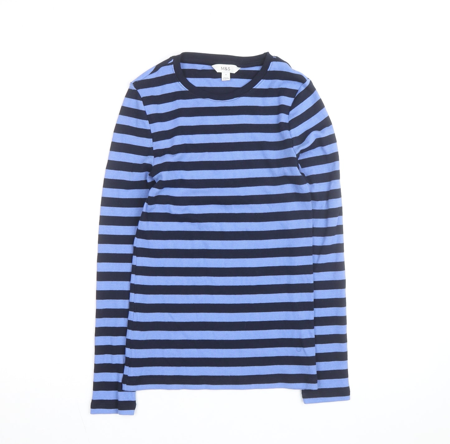 Marks and Spencer Women's Blue Striped Jumper Size 8 Long Sleeve Cotton