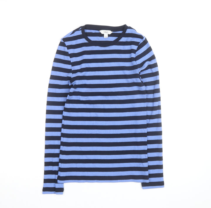 Marks and Spencer Women's Blue Striped Jumper Size 8 Long Sleeve Cotton