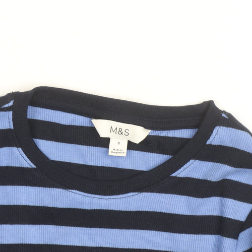 Marks and Spencer Women's Blue Striped Jumper Size 8 Long Sleeve Cotton