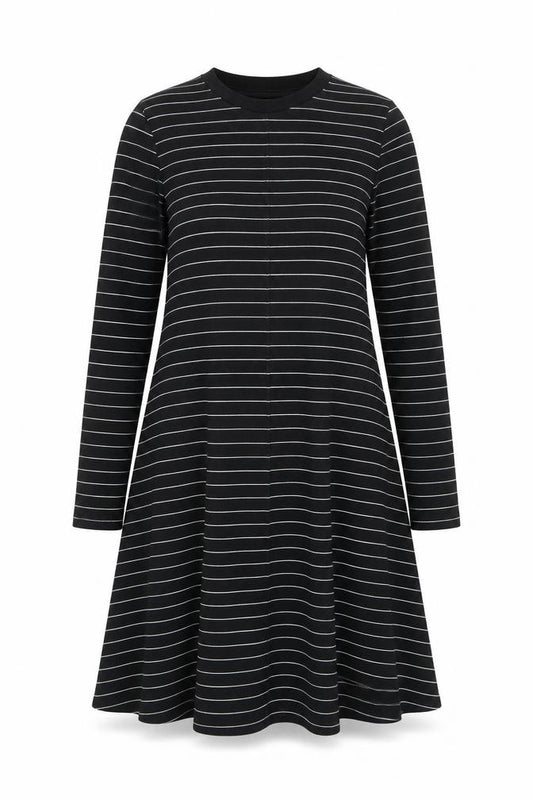 Front view of Marks & Spencer Women’s Black Striped Jersey A-Line Dress, size UK 12