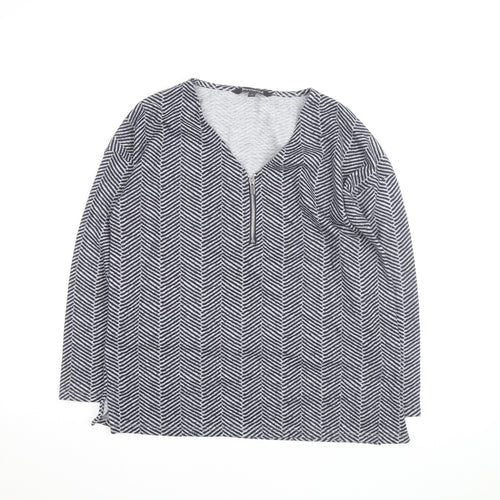 Bonmarché Women Grey Geometric V-Neck Long Sleeve Pullover Jumper Size 12