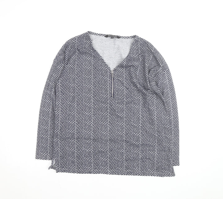 Bonmarché Women Grey Geometric V-Neck Long Sleeve Pullover Jumper Size 12