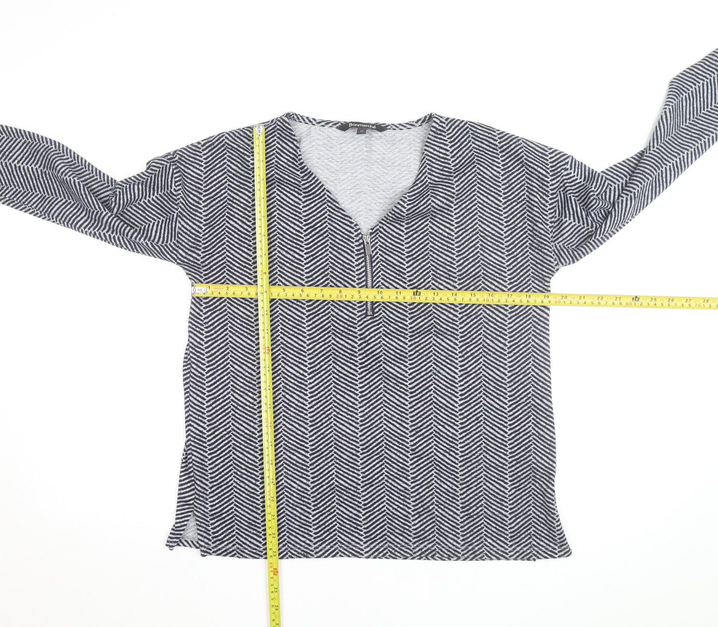 Bonmarché Women Grey Geometric V-Neck Long Sleeve Pullover Jumper Size 12