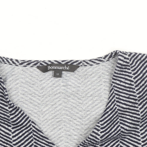 Bonmarché Women Grey Geometric V-Neck Long Sleeve Pullover Jumper Size 12
