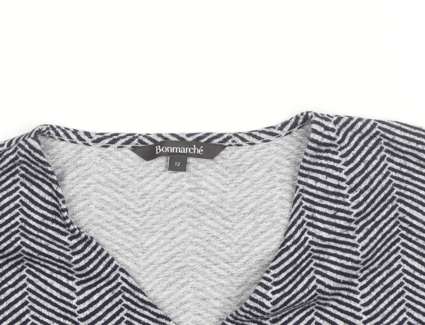 Bonmarché Women Grey Geometric V-Neck Long Sleeve Pullover Jumper Size 12
