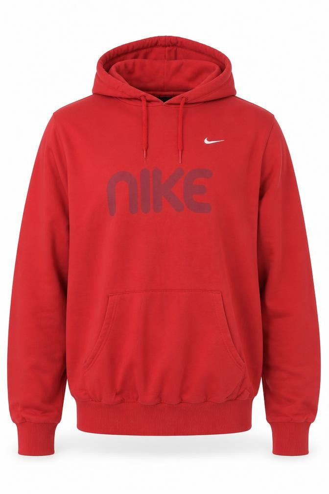 Front view of Nike boys’ red pullover hoodie, size M, logo print cotton blend