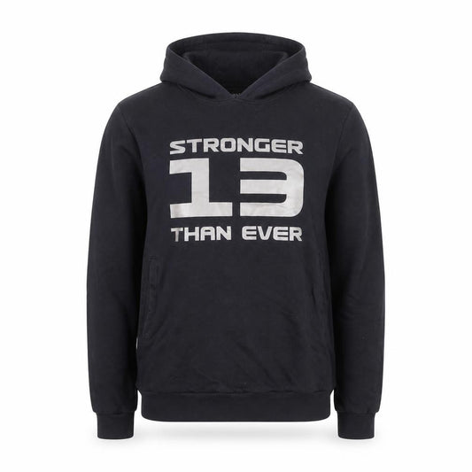 Front view of HRX men’s black medium pullover hoodie with logo print