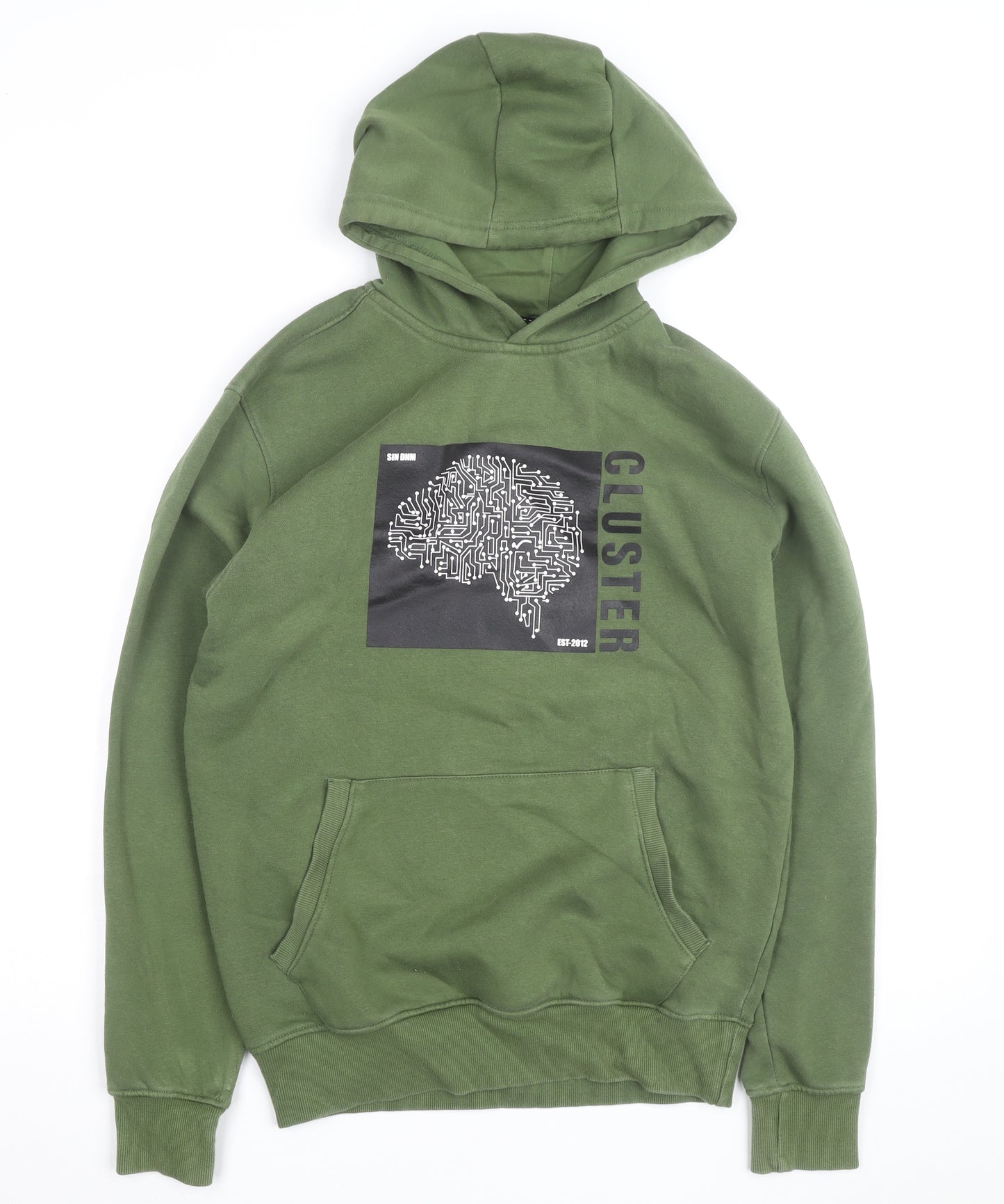 SIN DNM Men's Green Pullover Hoodie S Graphic Print Fleece
