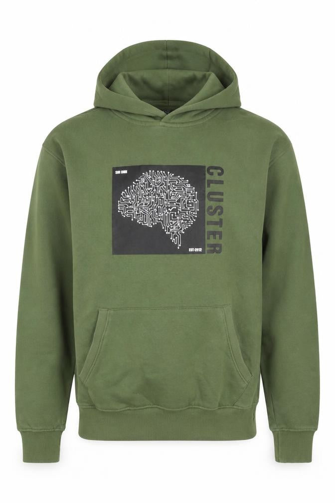 Front view of SIN DNM Men's Green Pullover Hoodie S Graphic Print Fleece