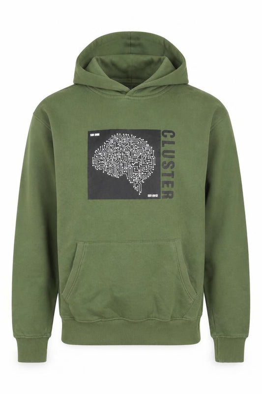 Front view of SIN DNM Men's Green Pullover Hoodie S Graphic Print Fleece