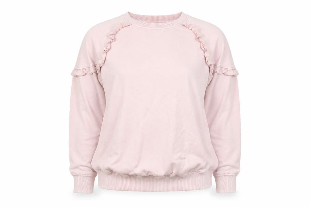 Front view of JD Williams Women's Pink Ruffle Crew Neck Pullover Sweatshirt, size 16