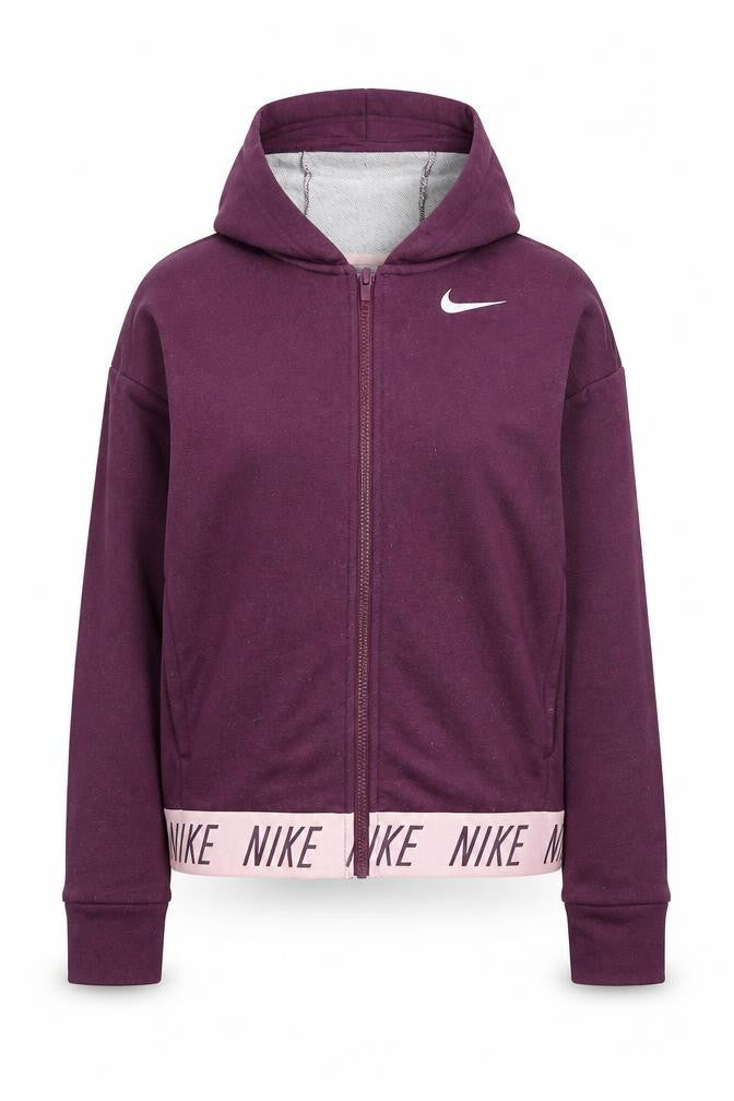 Front view of Nike women’s purple dri-fit full zip hoodie, size M