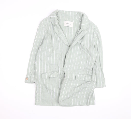 Stradivarius Women Green Striped Linen Blend Blazer Size 12