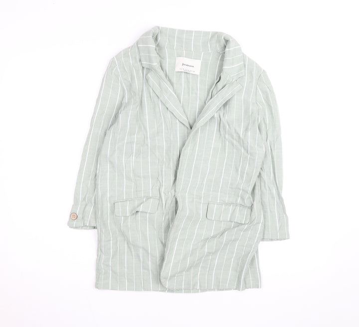 Stradivarius Women Green Striped Linen Blend Blazer Size 12