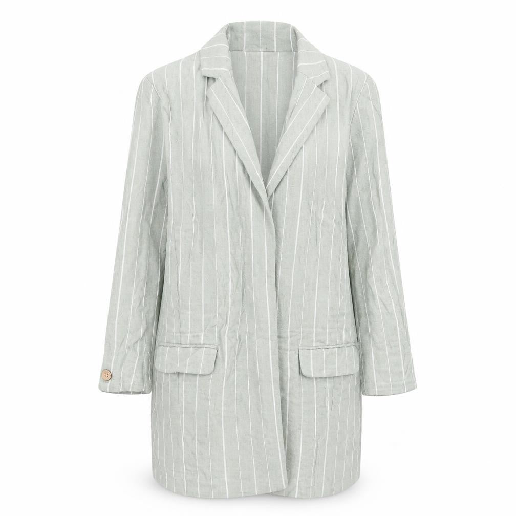Front view of Stradivarius Women Green Striped Linen Blend Blazer, size 12