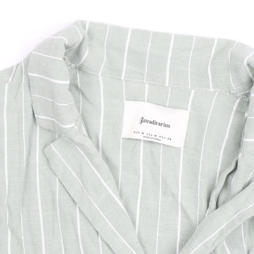 Stradivarius Women Green Striped Linen Blend Blazer Size 12