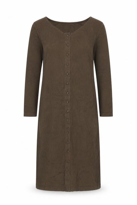 Front view of Peruvian Connection Women Brown L Shift Jersey Cotton Button Dress