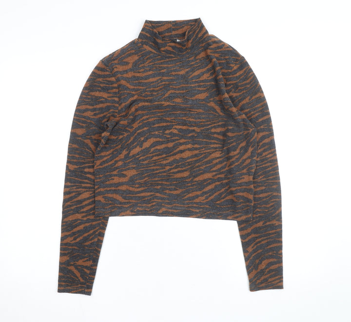 H&M Divided Women's Brown & Grey Animal Print Mock Neck Jumper Size L