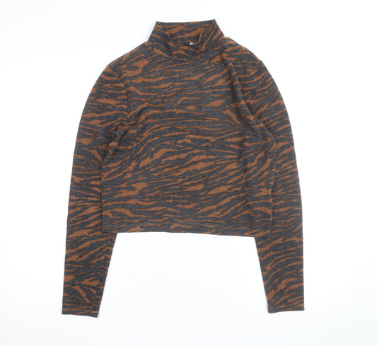 H&M Divided Women's Brown & Grey Animal Print Mock Neck Jumper Size L