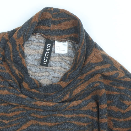 H&M Divided Women's Brown & Grey Animal Print Mock Neck Jumper Size L