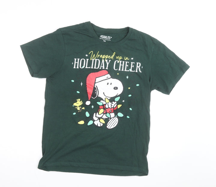 Peanuts Men's Green Snoopy Holiday Cheer Christmas T-Shirt Size M
