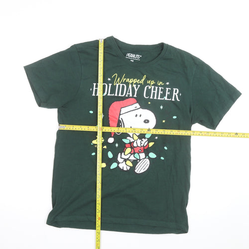 Peanuts Men's Green Snoopy Holiday Cheer Christmas T-Shirt Size M