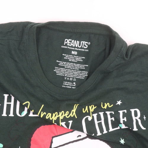 Peanuts Men's Green Snoopy Holiday Cheer Christmas T-Shirt Size M