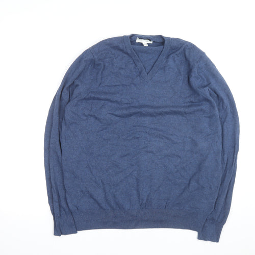 Marks and Spencer Men's Blue Cotton V-Neck Jumper XL