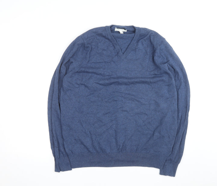 Marks and Spencer Men's Blue Cotton V-Neck Jumper XL