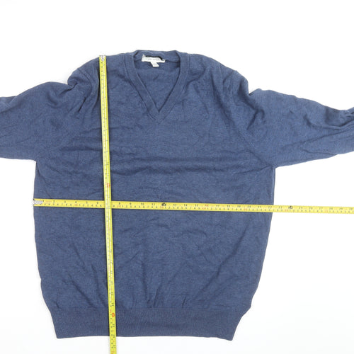 Marks and Spencer Men's Blue Cotton V-Neck Jumper XL