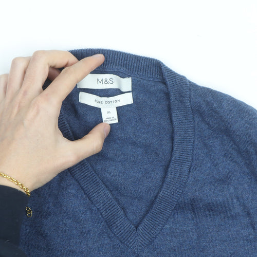 Marks and Spencer Men's Blue Cotton V-Neck Jumper XL