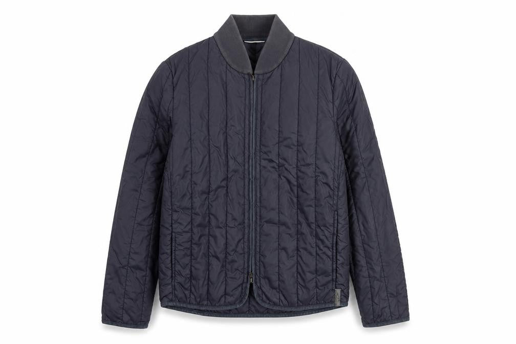 Front view of DKNY Jeans Men's Blue Quilted Nylon Jacket, size S