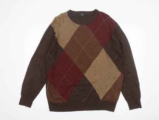 Dockers Men's Brown Argyle Crew Neck Acrylic Pullover Jumper XL