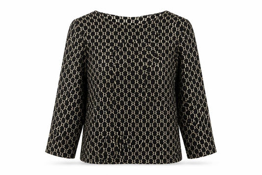 Front view of Gloria Vanderbilt Women's Black Geometric Lace 3/4 Sleeve Nylon Blouse M