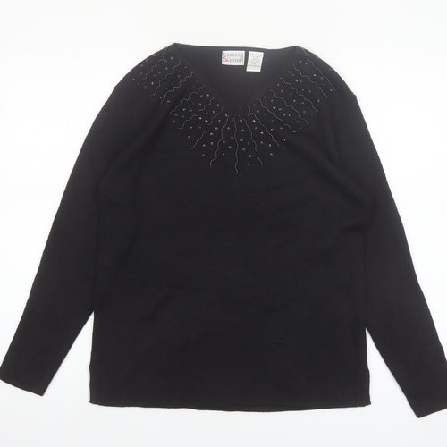 Hasting & Smith Women's Black Petite Beaded V-Neck Wool Blend Jumper