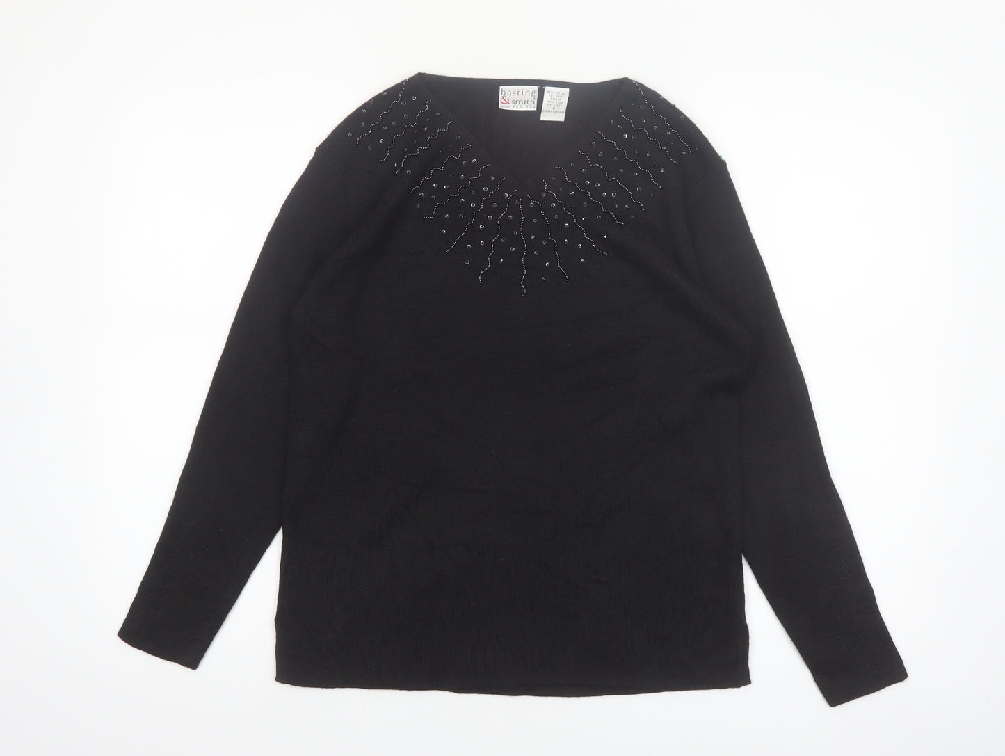 Hasting & Smith Women's Black Petite Beaded V-Neck Wool Blend Jumper