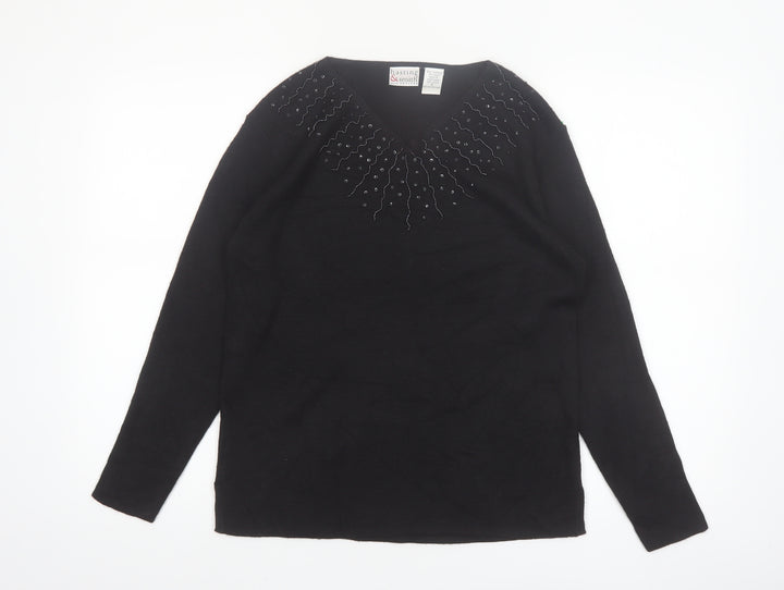 Hasting & Smith Women's Black Petite Beaded V-Neck Wool Blend Jumper