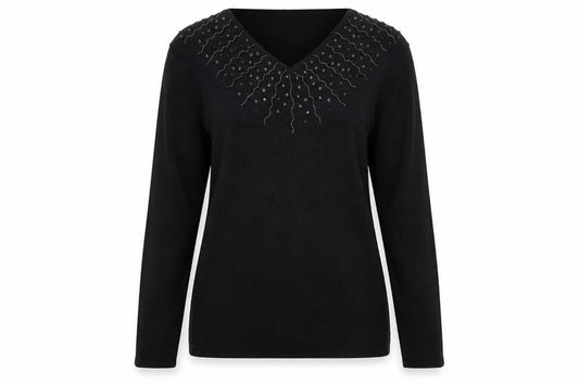 Front view of Hasting & Smith Women's Black Petite Beaded V-Neck Wool Blend Jumper