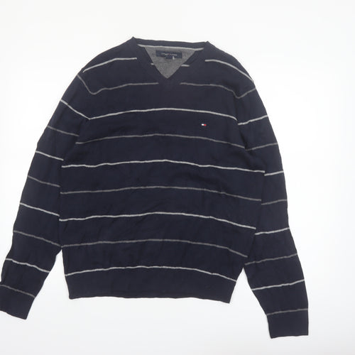 Tommy Hilfiger Men's Blue Striped Cotton V-Neck Jumper M