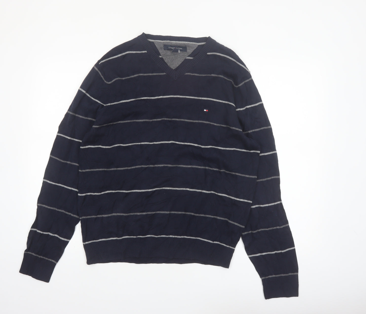 Tommy Hilfiger Men's Blue Striped Cotton V-Neck Jumper M