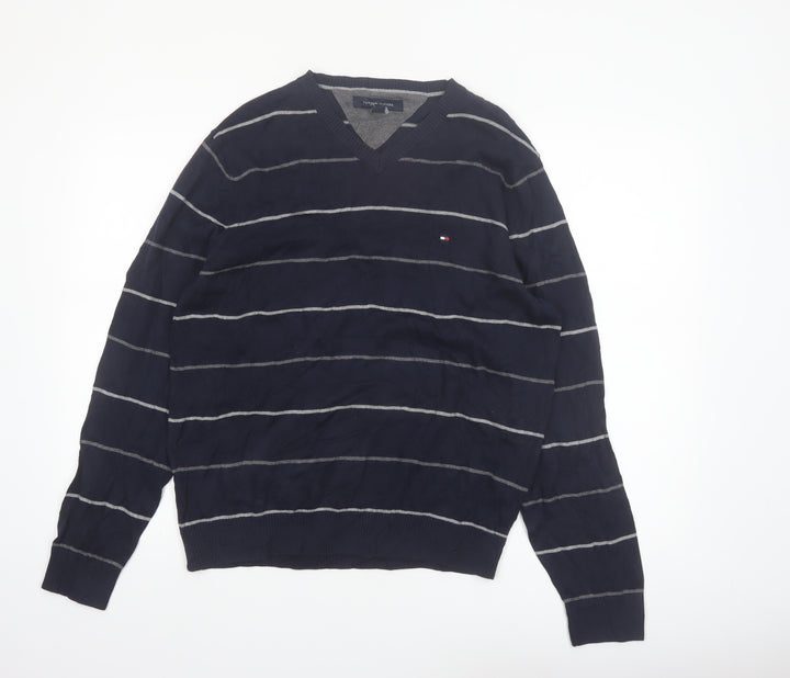 Tommy Hilfiger Men's Blue Striped Cotton V-Neck Jumper M
