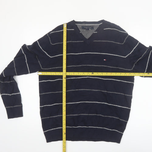 Tommy Hilfiger Men's Blue Striped Cotton V-Neck Jumper M