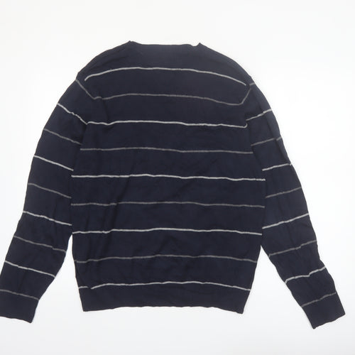 Tommy Hilfiger Men's Blue Striped Cotton V-Neck Jumper M