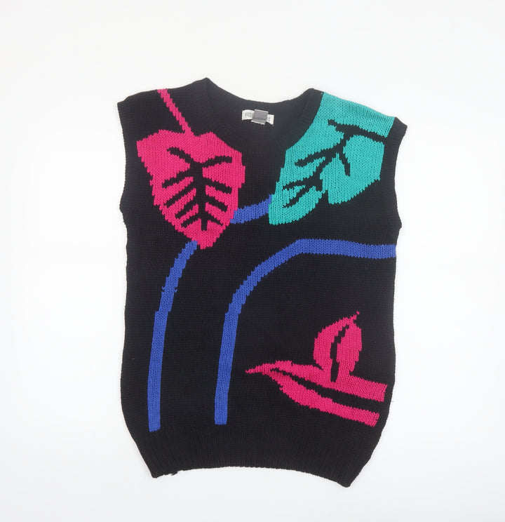 Victoria Jones Womens Black 80s Floral Knit Sleeveless Vest L