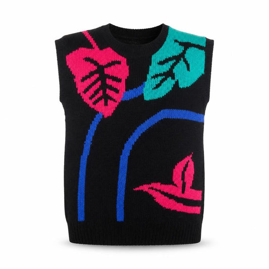 Front view of Victoria Jones women’s black 80s floral knit sleeveless vest l