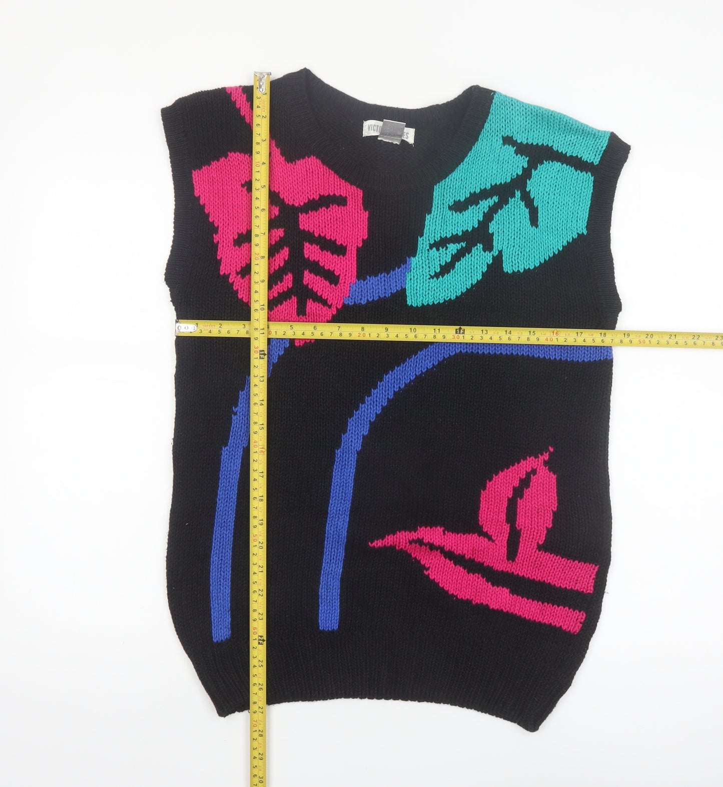 Victoria Jones Womens Black 80s Floral Knit Sleeveless Vest L